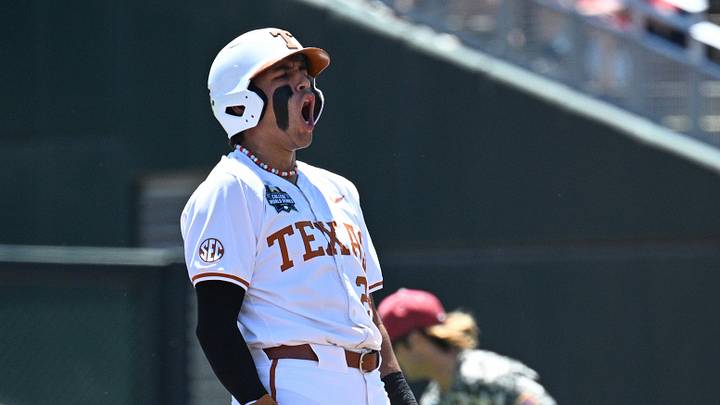 Jun 15, 2026; Omaha, NE, USA; Texas Longhorns shortstop Adrian Rodriguez (24) reacts after doubling in two runs against the Alabama Crimson Tide during the first inning at Charles Schwab Field. Mandatory Credit: Steven Branscombe-Imagn Images Jun 15, 2026; Omaha, NE, USA; Texas Longhorns shortstop Adrian Rodriguez (24) reacts after doubling in two runs against the Alabama Crimson Tide during the first inning at Charles Schwab Field. Mandatory Credit: Steven Branscombe-Imagn Images