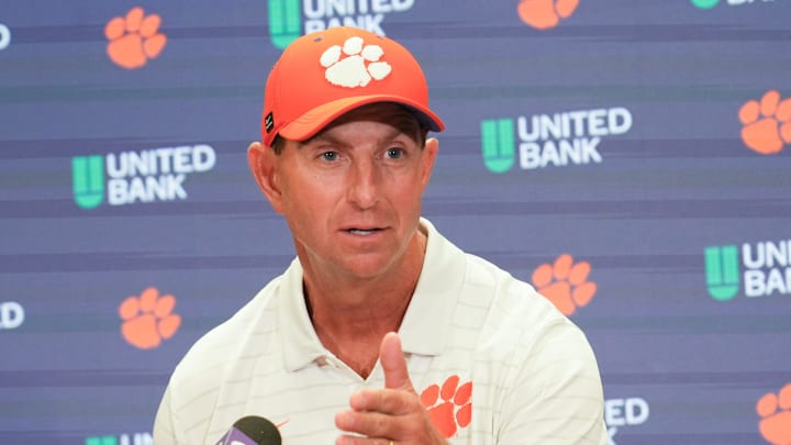 Clemson head coach Dabo Swinney talks with media after the game at Memorial Stadium Saturday, September 6, 2025 in Clemson, S.C.