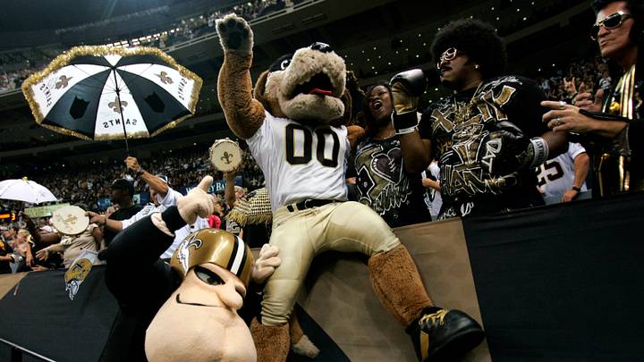 Sept. 9, 2010; New Orleans, LA, USA; New Orleans Saints mascots Sir Saint and Gumbo celebrate after a touchdown during the Minnesota Vikings at New Orleans Saints game at the Louisiana Superdome. Mandatory Credit: Matt Stamey-USA TODAY Sports Sept. 9, 2010; New Orleans, LA, USA; New Orleans Saints mascots Sir Saint and Gumbo celebrate after a touchdown during the Minnesota Vikings at New Orleans Saints game at the Louisiana Superdome. Mandatory Credit: Matt Stamey-USA TODAY Sports