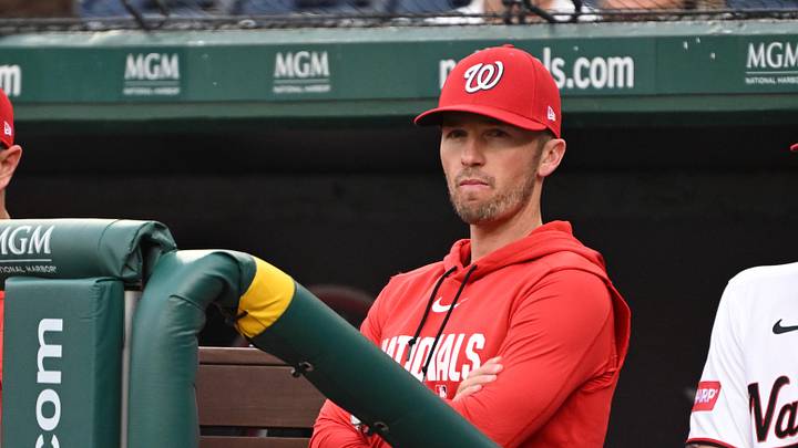 May 5, 2026; Washington, District of Columbia, USA;  Washington Nationals manager Blake Butera (10) looks out from the dugout during the first inning against the Minnesota Twins at Nationals Park. Mandatory Credit: Rafael Suanes-Imagn Images