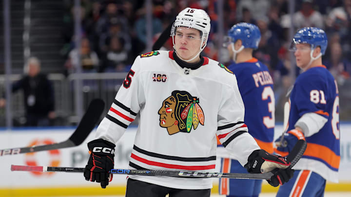 Mar 24, 2026; Elmont, New York, USA; Chicago Blackhawks center Anton Frondell (15) skates against the New York Islanders during the third period at UBS Arena. Mandatory Credit: Brad Penner-Imagn Images