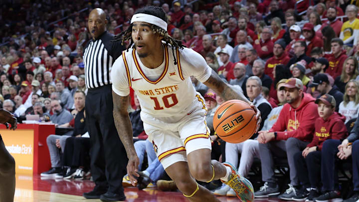 Feb 18, 2025; Ames, Iowa, USA; Iowa State Cyclones guard Keshon Gilbert (10) drives baseline against the Colorado Buffaloes during the first half at James H. Hilton Coliseum. Mandatory Credit: Reese Strickland-Imagn Images