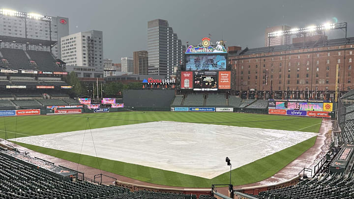 May 16, 2025; Baltimore, Maryland, USA; Rain delay prior to the Baltimore Orioles game against the Washington Nationals at Oriole Park at Camden Yards. May 16, 2025; Baltimore, Maryland, USA; Rain delay prior to the Baltimore Orioles game against the Washington Nationals at Oriole Park at Camden Yards.