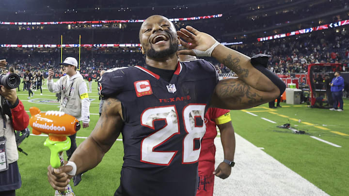 Jan 11, 2025; Houston, Texas, USA; Houston Texans running back Joe Mixon (28) reacts after the game against the Los Angeles Chargers in an AFC wild card game at NRG Stadium. Mandatory Credit: Troy Taormina-Imagn Images