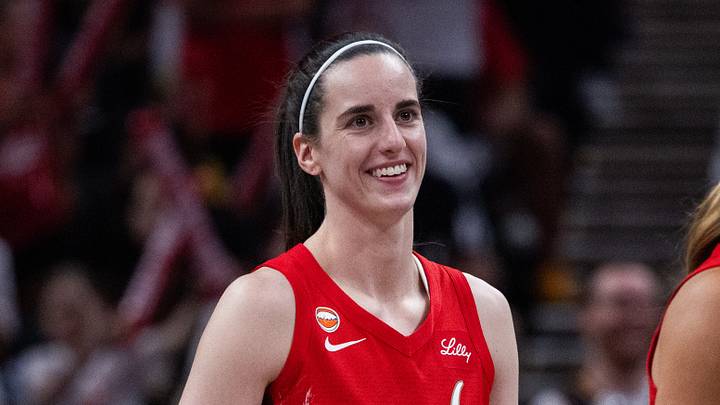 Aug 6, 2026; Indianapolis, Indiana, USA; Indiana Fever guard Caitlin Clark (22) looks on in the first half against the Las Vegas Aces at Gainbridge Fieldhouse. Mandatory Credit: Trevor Ruszkowski-Imagn Images