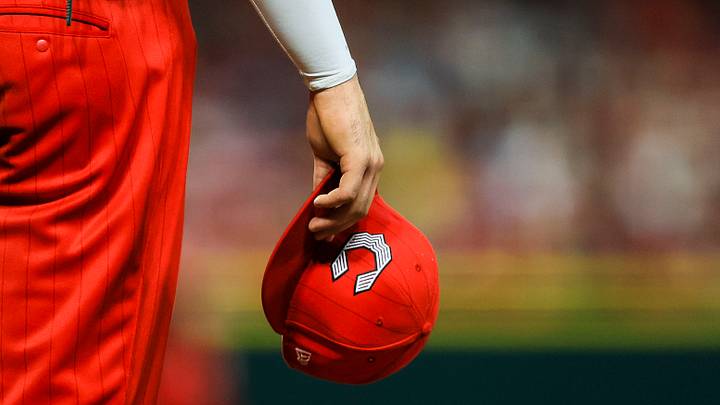 Aug 15, 2026; Cincinnati, Ohio, USA; A general view as Cincinnati Reds first baseman Sal Stewart (27) holds his hat during a stop in play in the eighth inning against the Miami Marlins at Great American Ball Park. Mandatory Credit: Katie Stratman-Imagn Images Aug 15, 2026; Cincinnati, Ohio, USA; A general view as Cincinnati Reds first baseman Sal Stewart (27) holds his hat during a stop in play in the eighth inning against the Miami Marlins at Great American Ball Park. Mandatory Credit: Katie Stratman-Imagn Images