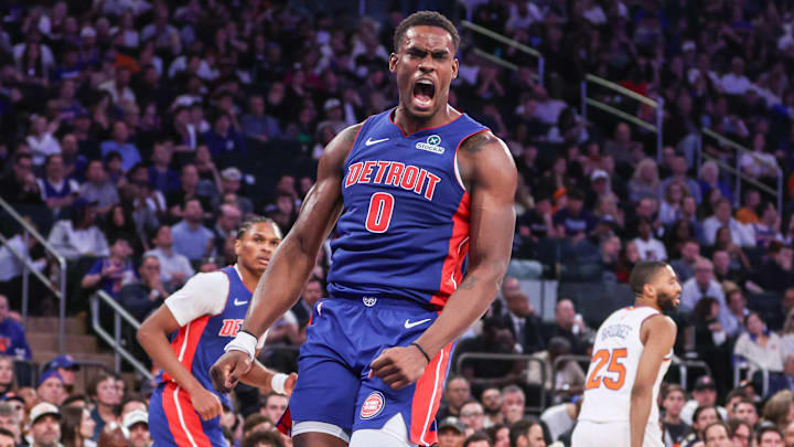 Apr 19, 2025; New York, New York, USA; Detroit Pistons center Jalen Duren (0) reacts after scoring against the New York Knicks in Game One of the First Round of the NBA Playoffs at Madison Square Garden. Mandatory Credit: Wendell Cruz-Imagn Images