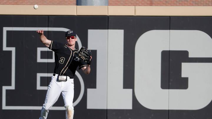 Purdue Boilermakers outfielder Eli Anderson (3) throws the ball.