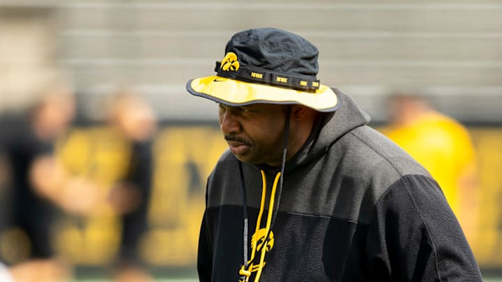 Aug 9, 2025; Iowa running backs coach Omar Young looks on during the Hawkeyes Kids Day NCAA football open practice at Kinnick Stadium in Iowa City, Iowa. Mandatory Credit: Joseph Cress for the Des Moines Register