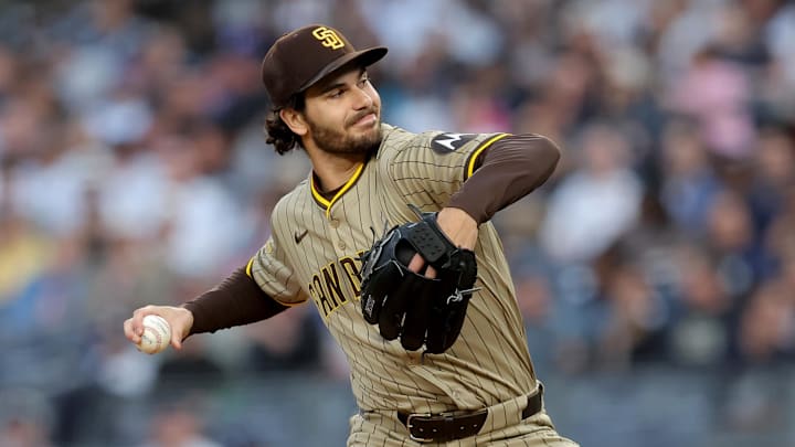 May 7, 2025; Bronx, New York, USA; San Diego Padres starting pitcher Dylan Cease (84) pitches against the New York Yankees during the first inning at Yankee Stadium. Mandatory Credit: Brad Penner-Imagn Images