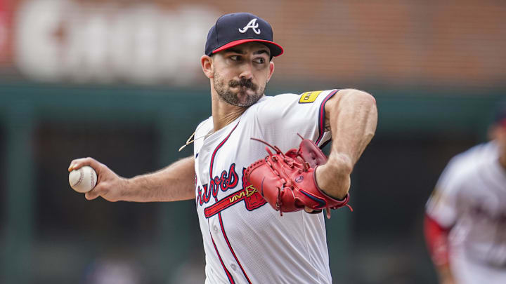 Jul 23, 2025; Cumberland, Georgia, USA; Atlanta Braves starting pitcher Spencer Strider (99) pitches against the San Francisco Giants during the first inning at Truist Park. Mandatory Credit: Dale Zanine-Imagn Images