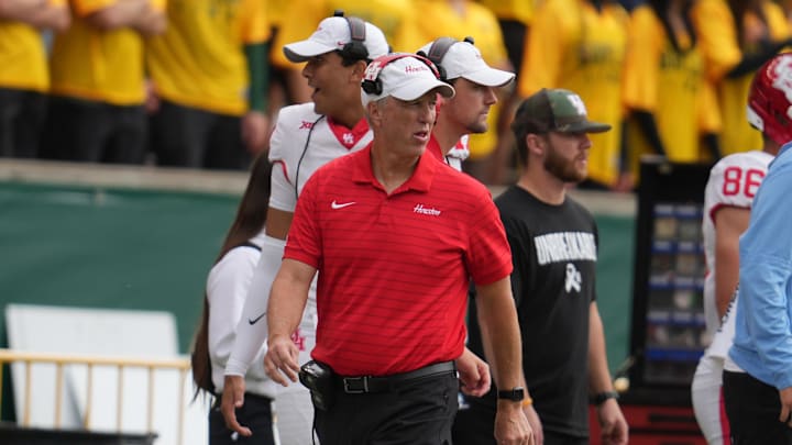 Nov 29, 2025; Waco, Texas, USA;  Houston Cougars head coach Willie Fritz reacts on the sidelines against the Baylor Bears during the second half at McLane Stadium. Mandatory Credit: Chris Jones-Imagn Images