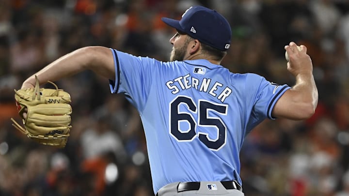 May 31, 2024; Baltimore, Maryland, USA; Tampa Bay Rays pitcher Justin Sterner (65) throws a sixth inning pitch against the Baltimore Orioles at Oriole Park at Camden Yards. Mandatory Credit: Tommy Gilligan-Imagn Images May 31, 2024; Baltimore, Maryland, USA; Tampa Bay Rays pitcher Justin Sterner (65) throws a sixth inning pitch against the Baltimore Orioles at Oriole Park at Camden Yards. Mandatory Credit: Tommy Gilligan-Imagn Images