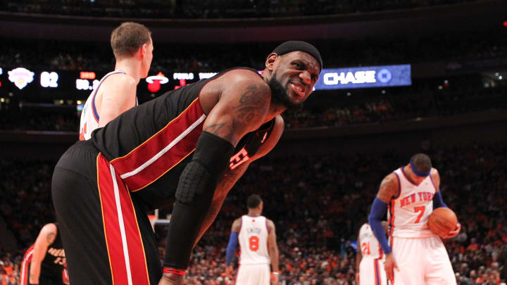 Apr 15, 2012; New York, NY, USA;  Miami Heat small forward LeBron James (6) interacts with a fan