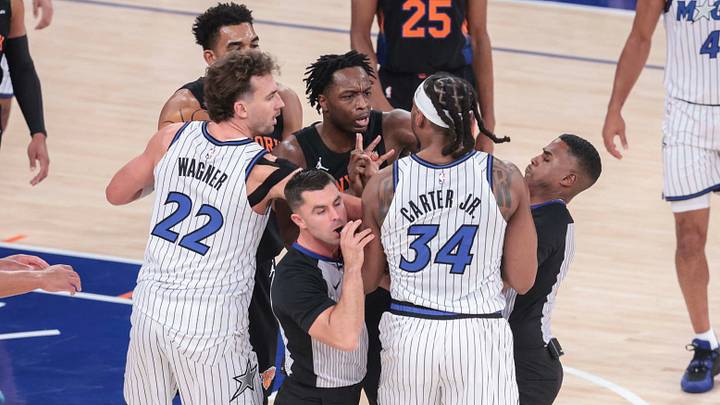 Oct 25, 2026; New York, New York, USA; New York Knicks forward Og Anunoby (8) and Orlando Magic center Wendell Carter Jr. (34) are separated in the first quarter at Madison Square Garden. Mandatory Credit: Wendell Cruz-Imagn Images Oct 25, 2026; New York, New York, USA; New York Knicks forward Og Anunoby (8) and Orlando Magic center Wendell Carter Jr. (34) are separated in the first quarter at Madison Square Garden. Mandatory Credit: Wendell Cruz-Imagn Images