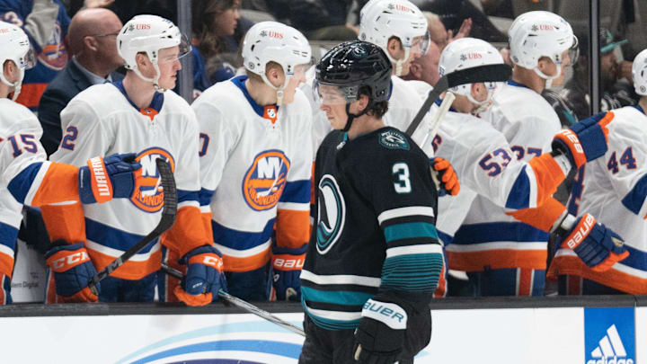 Mar 7, 2024; San Jose, California, USA; San Jose Sharks defenseman Henry Thrun (3) reacts in front