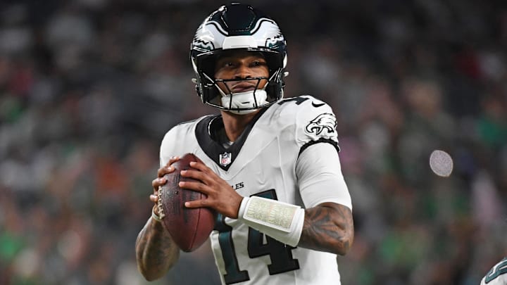 Aug 7, 2025; Philadelphia, Pennsylvania, USA; Philadelphia Eagles quarterback Dorian Thompson-Robinson (14) looks for a receiver during the third quarter against the Cincinnati Bengals at Lincoln Financial Field. Mandatory Credit: Eric Hartline-Imagn Images