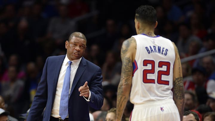 Apr 11, 2015; Los Angeles, CA, USA; Los Angeles Clippers head coach Doc Rivers talks with Los Angeles Clippers forward Matt Barnes (22) during the second quarter against the Memphis Grizzlies at Staples Center. Mandatory Credit: Kelvin Kuo-USA TODAY Sports