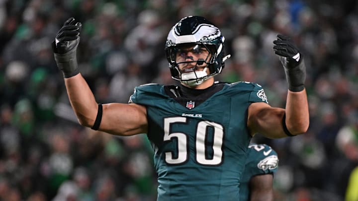 Nov 16, 2025; Philadelphia, Pennsylvania, USA; Philadelphia Eagles linebacker Jaelan Phillips (50) against the Detroit Lions at Lincoln Financial Field. Mandatory Credit: Eric Hartline-Imagn Images
