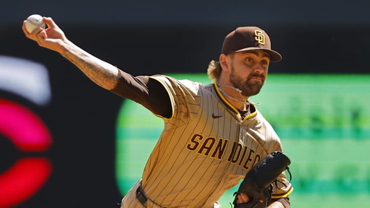 Aug 31, 2025; Minneapolis, Minnesota, USA; San Diego Padres starting pitcher David Morgan (66) throws to the Minnesota Twins in the first inning at Target Field. Mandatory Credit: Bruce Kluckhohn-Imagn Images