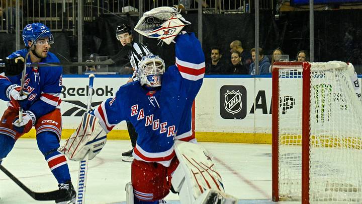 Oct 4, 2026; New York, New York, USA; New York Rangers goaltender Igor Shesterkin (31) makes a glove save against the Utah Mammoth during the first period at Madison Square Garden. Mandatory Credit: Dennis Schneidler-Imagn Images Oct 4, 2026; New York, New York, USA; New York Rangers goaltender Igor Shesterkin (31) makes a glove save against the Utah Mammoth during the first period at Madison Square Garden. Mandatory Credit: Dennis Schneidler-Imagn Images