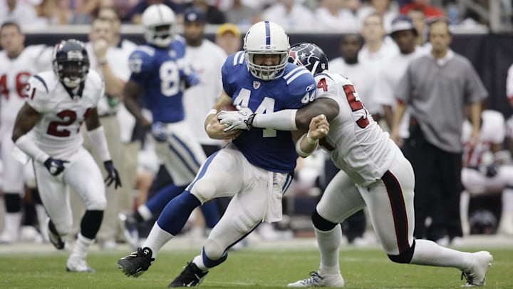 Sept 12, 2010; Houston, TX, USA; Indianapolis Colts tight end Dallas Clark (44) runs after a catch against the Houston Texans in the fourth quarter at Reliant Stadium. The Texans defeated the Colts 34-24. Mandatory Credit: Brett Davis-Imagn Images