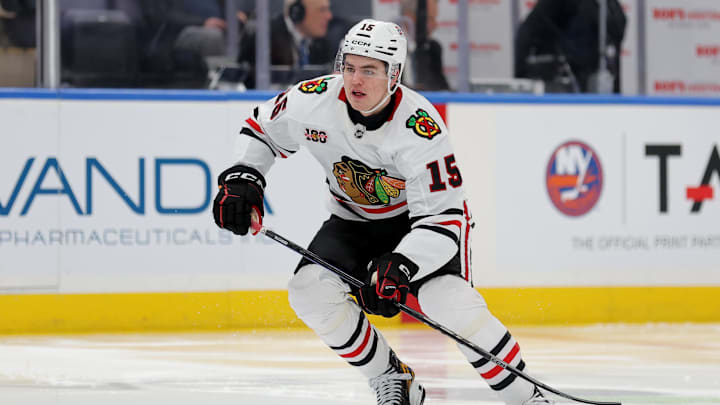 Mar 24, 2026; Elmont, New York, USA; Chicago Blackhawks center Anton Frondell (15) skates against the New York Islanders during the second period at UBS Arena. Mandatory Credit: Brad Penner-Imagn Images