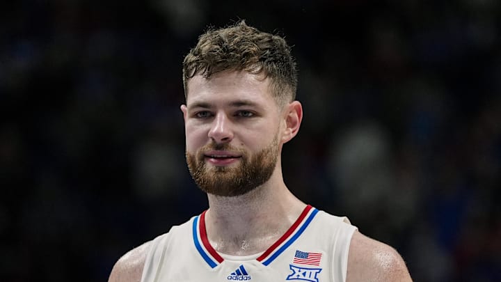 Jan 8, 2025; Lawrence, Kansas, USA; Kansas Jayhawks center Hunter Dickinson (1) reacts during the second half against the Arizona State Sun Devils at Allen Fieldhouse. Mandatory Credit: Jay Biggerstaff-Imagn Images