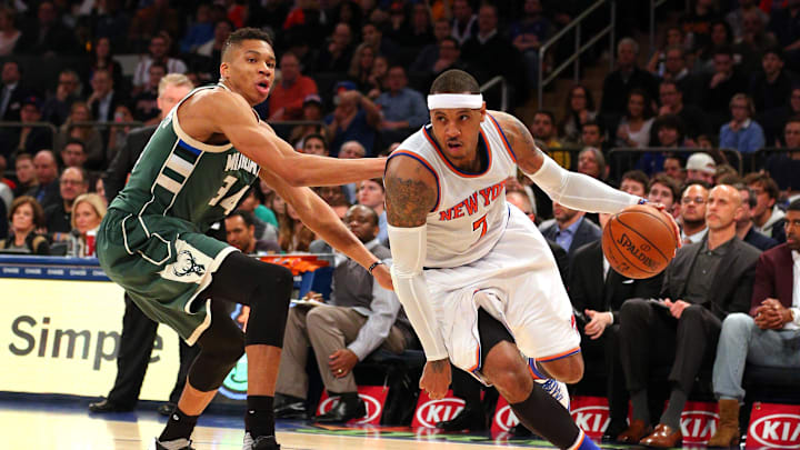 Jan 10, 2016; New York, NY, USA; New York Knicks small forward Carmelo Anthony (7) drives against Milwaukee Bucks small forward Giannis Antetokounmpo (34) during the third quarter at Madison Square Garden. The Knicks defeated the Bucks 100-88. Mandatory Credit: Brad Penner-Imagn Images Jan 10, 2016; New York, NY, USA; New York Knicks small forward Carmelo Anthony (7) drives against Milwaukee Bucks small forward Giannis Antetokounmpo (34) during the third quarter at Madison Square Garden. The Knicks defeated the Bucks 100-88. Mandatory Credit: Brad Penner-Imagn Images
