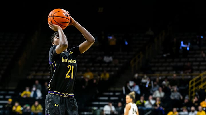 Northwestern guard Melannie Daley (21) shoots a free throw during a NCAA Big Ten Conference women's basketball game against Iowa, Thursday, Jan. 6, 2022, at Carver-Hawkeye Arena in Iowa City, Iowa.