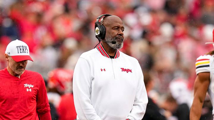 Maryland Terrapins head coach Mike Locksley reacts in the first half of the NCAA football game at Ohio Stadium on Oct. 10, 2026 in Columbus, Ohio.
