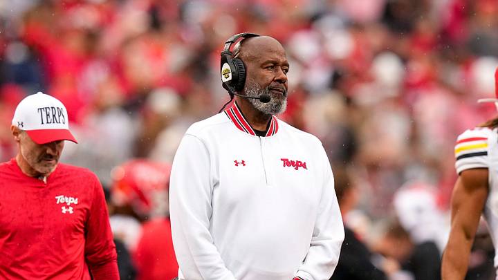 Maryland Terrapins head coach Mike Locksley reacts in the first half of the NCAA football game at Ohio Stadium on Oct. 10, 2026 in Columbus, Ohio. Maryland Terrapins head coach Mike Locksley reacts in the first half of the NCAA football game at Ohio Stadium on Oct. 10, 2026 in Columbus, Ohio.