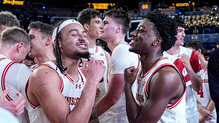 Wisconsin guard John Blackwell (25), right, and guard Braeden Carrington (0) celebrate 91-88 win over Michigan at Crisler Center in Ann Arbor on Saturday, Jan. 10, 2026. Wisconsin guard John Blackwell (25), right, and guard Braeden Carrington (0) celebrate 91-88 win over Michigan at Crisler Center in Ann Arbor on Saturday, Jan. 10, 2026.