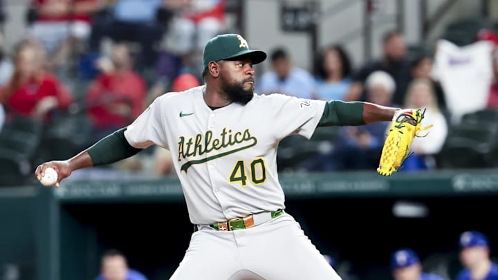 Apr 30, 2025; Arlington, Texas, USA; Oakland Athletics starting pitcher Luis Severino (40) throws during the first inning against the Texas Rangers at Globe Life Field. Mandatory Credit: Kevin Jairaj-Imagn Images Apr 30, 2025; Arlington, Texas, USA; Oakland Athletics starting pitcher Luis Severino (40) throws during the first inning against the Texas Rangers at Globe Life Field. Mandatory Credit: Kevin Jairaj-Imagn Images