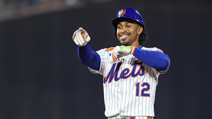 May 27, 2025; New York City, New York, USA; New York Mets shortstop Francisco Lindor (12) reacts after hitting a double during the sixth inning against the Chicago White Sox at Citi Field. Mandatory Credit: Vincent Carchietta-Imagn Images