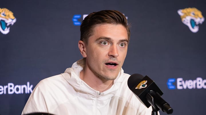 Apr 25, 2025; Jacksonville, FL, USA; Jacksonville Jaguars head general manager James Gladstone talks to the media during a press conference to introduce first round draft pick Travis Hunter (not pictured) at Miller Electric Center. Mandatory Credit: Travis Register-Imagn Images