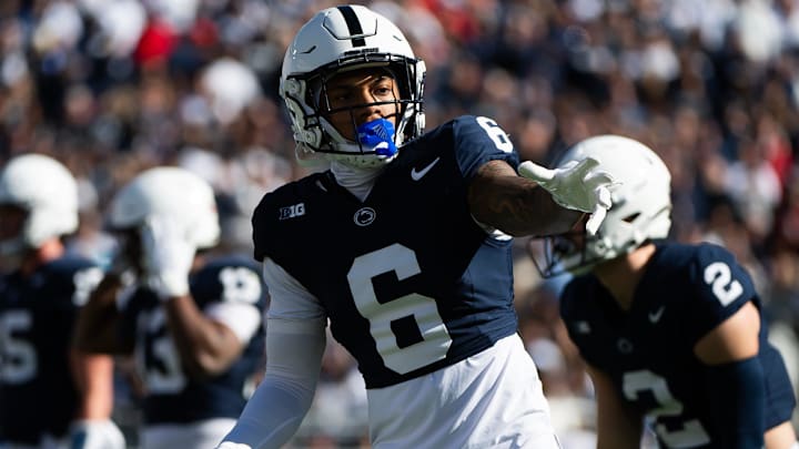 Penn State wide receiver Trey Wallace checks in with a line judge in the first half of an NCAA football game in Beaver Stadium, Saturday, Nov. 2, 2024, in State College, Pa.
