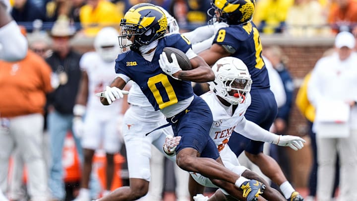 Michigan wide receiver Semaj Morgan (0) makes a catch against Texas during the first half at Michigan Stadium in Ann Arbor on Saturday, September 7, 2024.