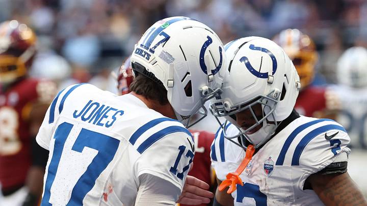 Oct 4, 2026; Tottenham, ENG; Indianapolis Colts quarterback Daniel Jones (17) celebrates with Colts wide receiver Josh Downs (2) after scoring a touchdown against the Washington Commanders at Tottenham Hotspur Stadium. Mandatory Credit: Geoff Burke-Imagn Images Oct 4, 2026; Tottenham, ENG; Indianapolis Colts quarterback Daniel Jones (17) celebrates with Colts wide receiver Josh Downs (2) after scoring a touchdown against the Washington Commanders at Tottenham Hotspur Stadium. Mandatory Credit: Geoff Burke-Imagn Images