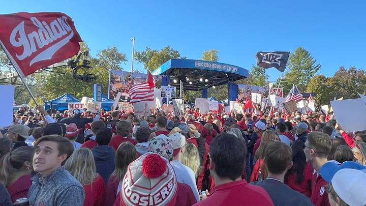 Indiana fans surround the stage for the FOX Big Noon Kickoff Show on Saturday, Oct. 19, 2024 outside Memorial Stadium. Indiana fans surround the stage for the FOX Big Noon Kickoff Show on Saturday, Oct. 19, 2024 outside Memorial Stadium.