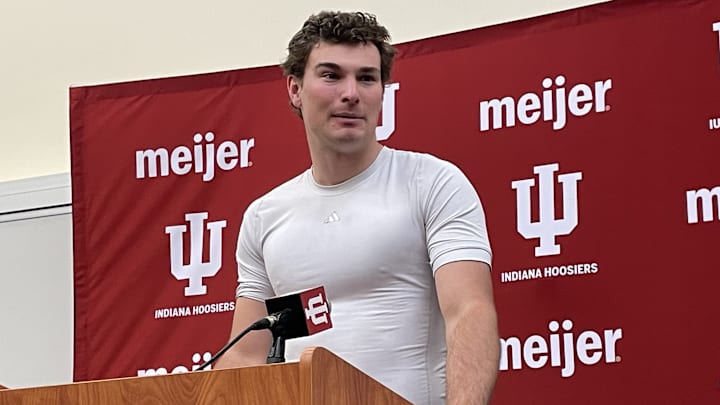 Indiana quarterback Fernando Mendoza speaks to the media after a spring practice on March 27, 2025.