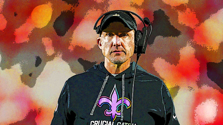 Oct 7, 2024; Kansas City, Missouri, USA; New Orleans Saints head coach Dennis Allen reacts during the second half against the Kansas City Chiefs at GEHA Field at Arrowhead Stadium. 