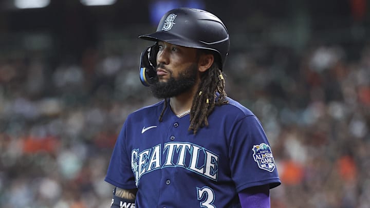 Seattle Mariners shortstop J.P. Crawford (3) reacts after being called out on a strikeout during the second inning against the Houston Astros at Minute Maid Park in 2023.