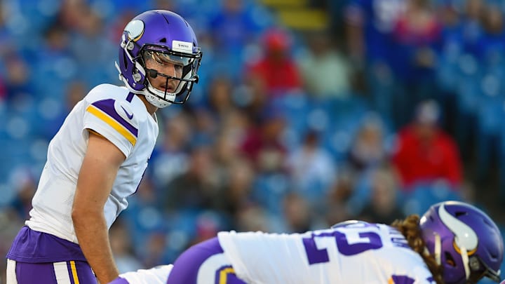 Aug 29, 2019; Orchard Park, NY, USA; Minnesota Vikings quarterback Kyle Sloter (1) against the Buffalo Bills during the first quarter at New Era Field. Mandatory Credit: Rich Barnes-Imagn Images