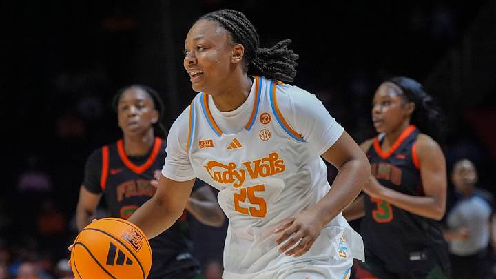 Tennessee guard Naomi White (25) smiles while dribbling the ball during a women’s college basketball exhibition game between the Tennessee Lady Vols and Florida A&M Rattlers at Thompson-Boling Arena at Food City Center on Oct. 27, 2026.