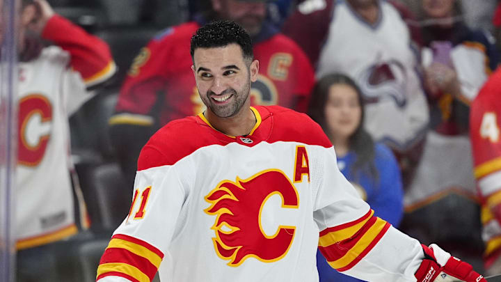 Mar 31, 2025; Denver, Colorado, USA; Calgary Flames center Nazem Kadri (91) before the game against the Colorado Avalanche at Ball Arena. Mandatory Credit: Ron Chenoy-Imagn Images