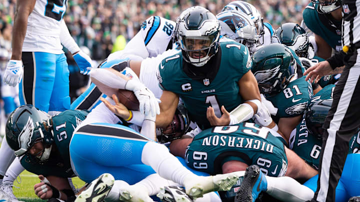 Dec 8, 2024; Philadelphia, Pennsylvania, USA; Philadelphia Eagles quarterback Jalen Hurts (1) reacts after scoring against the Carolina Panthers during the second quarter at Lincoln Financial Field. Mandatory Credit: Bill Streicher-Imagn Images Dec 8, 2024; Philadelphia, Pennsylvania, USA; Philadelphia Eagles quarterback Jalen Hurts (1) reacts after scoring against the Carolina Panthers during the second quarter at Lincoln Financial Field. Mandatory Credit: Bill Streicher-Imagn Images