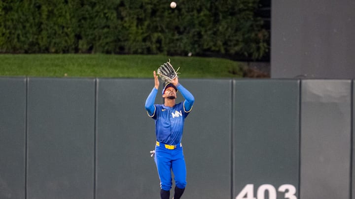 Sep 27, 2024; Minneapolis, Minnesota, USA; Minnesota Twins center fielder Byron Buxton (25) catches a fly ball hit by Baltimore Orioles right fielder Anthony Santander (25) in the sixth inning at Target Field. Mandatory Credit: Matt Blewett-Imagn Images