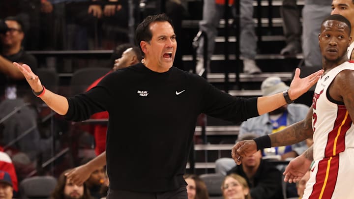 Jan 13, 2025; Inglewood, California, USA; Miami Heat head coach Erik Spoelstra during the third quarter against the LA Clippers at Intuit Dome. Mandatory Credit: Jason Parkhurst-Imagn Images Jan 13, 2025; Inglewood, California, USA; Miami Heat head coach Erik Spoelstra during the third quarter against the LA Clippers at Intuit Dome. Mandatory Credit: Jason Parkhurst-Imagn Images