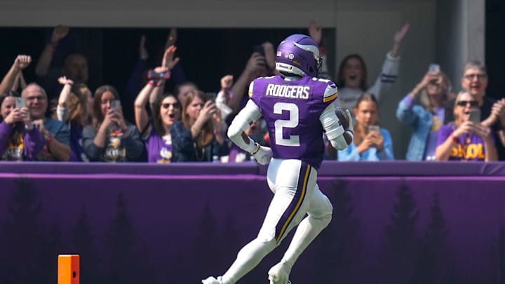 Minnesota Vikings cornerback Isaiah Rodgers (2) runs back an interception for a touchdown in the first quarter of the NFL Week 3 game between the Minnesota Vikings and the Cincinnati Bengals at U.S. Bank Stadium in Minneapolis on Sunday, Sept. 21, 2025.